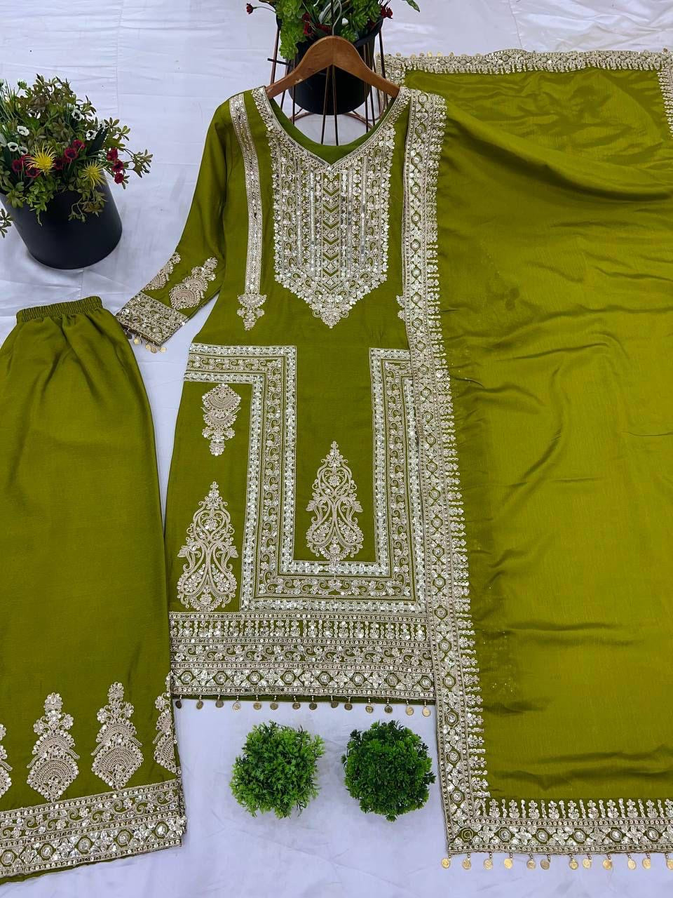 Chinon Silk Coding Dori Sequence Embroidery Work Karwa Chauth Special Designer Kurti Pant Dupatta Set (Ready to Wear)