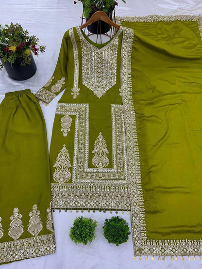 Chinon Silk Coding Dori Sequence Embroidery Work Karwa Chauth Special Designer Kurti Pant Dupatta Set (Ready to Wear)
