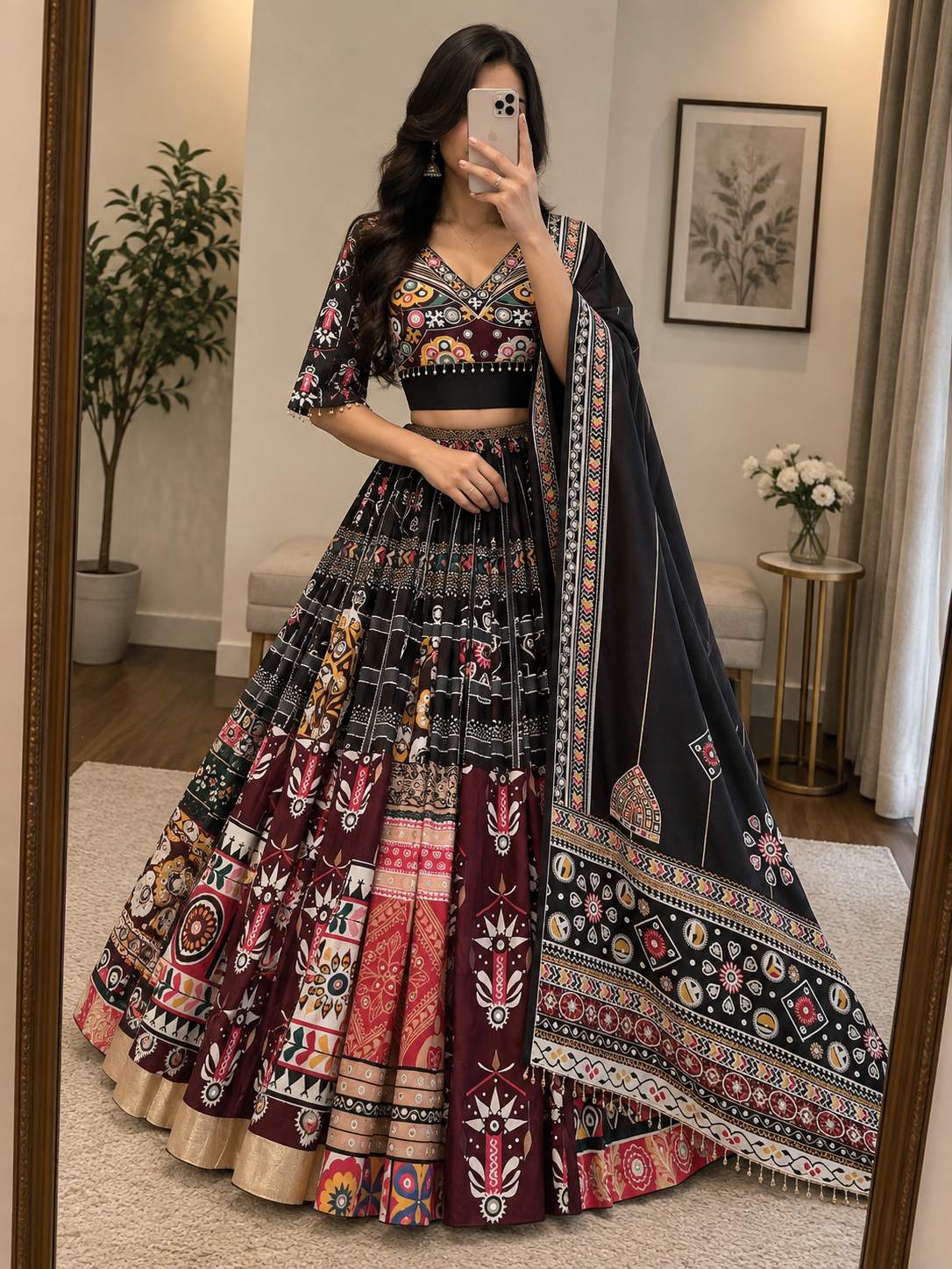 Muslin Digital Print Mirror Work Chaniya Choli - back view