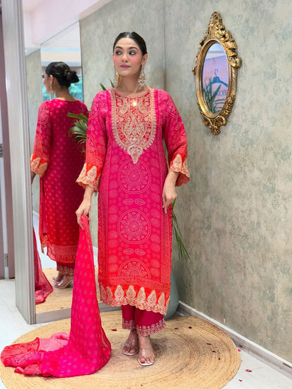Natural Crepe Sequence Embroidery Mirror Work Designer Kurti Pant Dupatta Set (Ready to Wear)