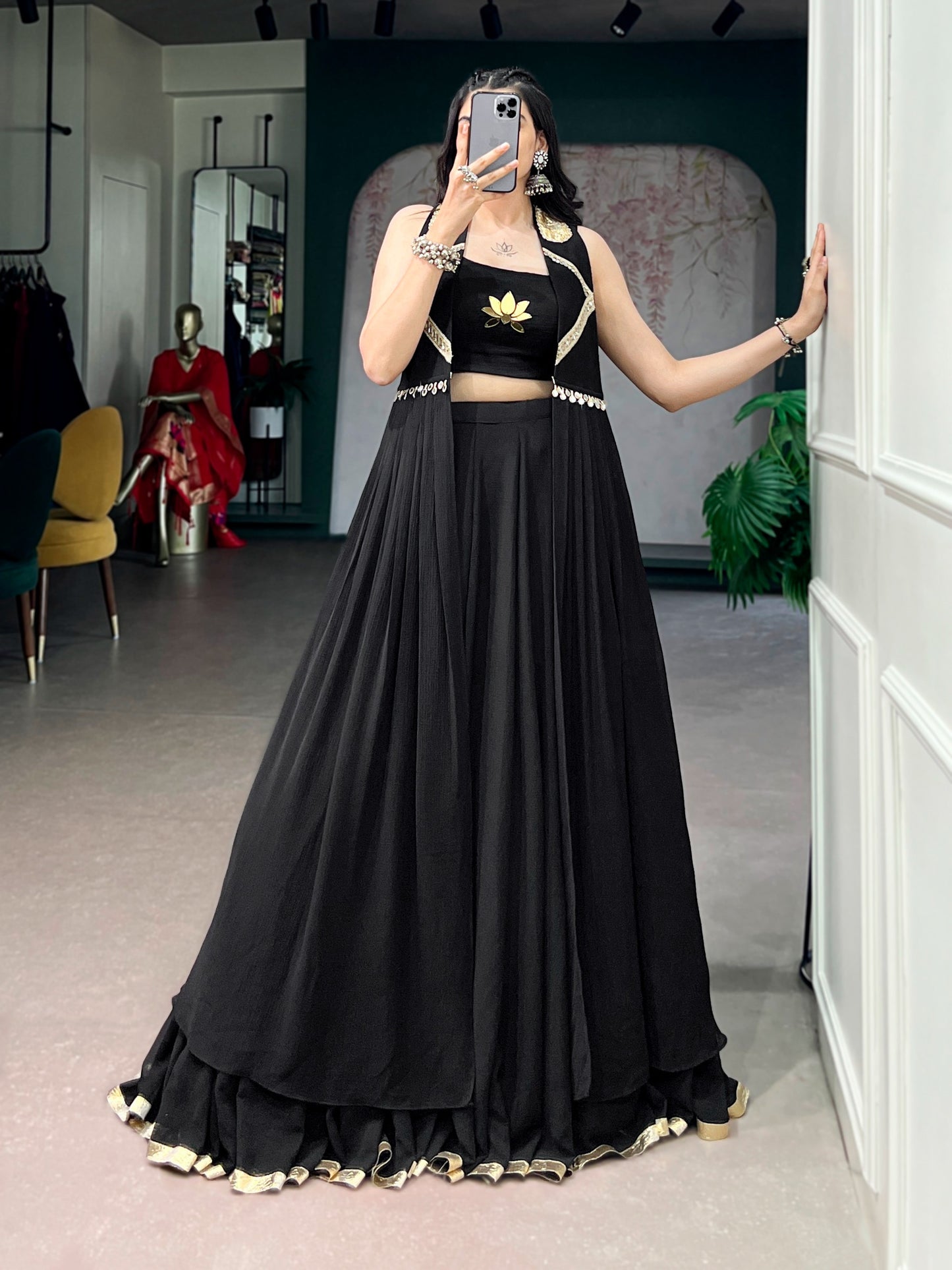 Lotus handwork designer lehenga, blouse and long jacket set for Navratri - ready-to-wear, front view