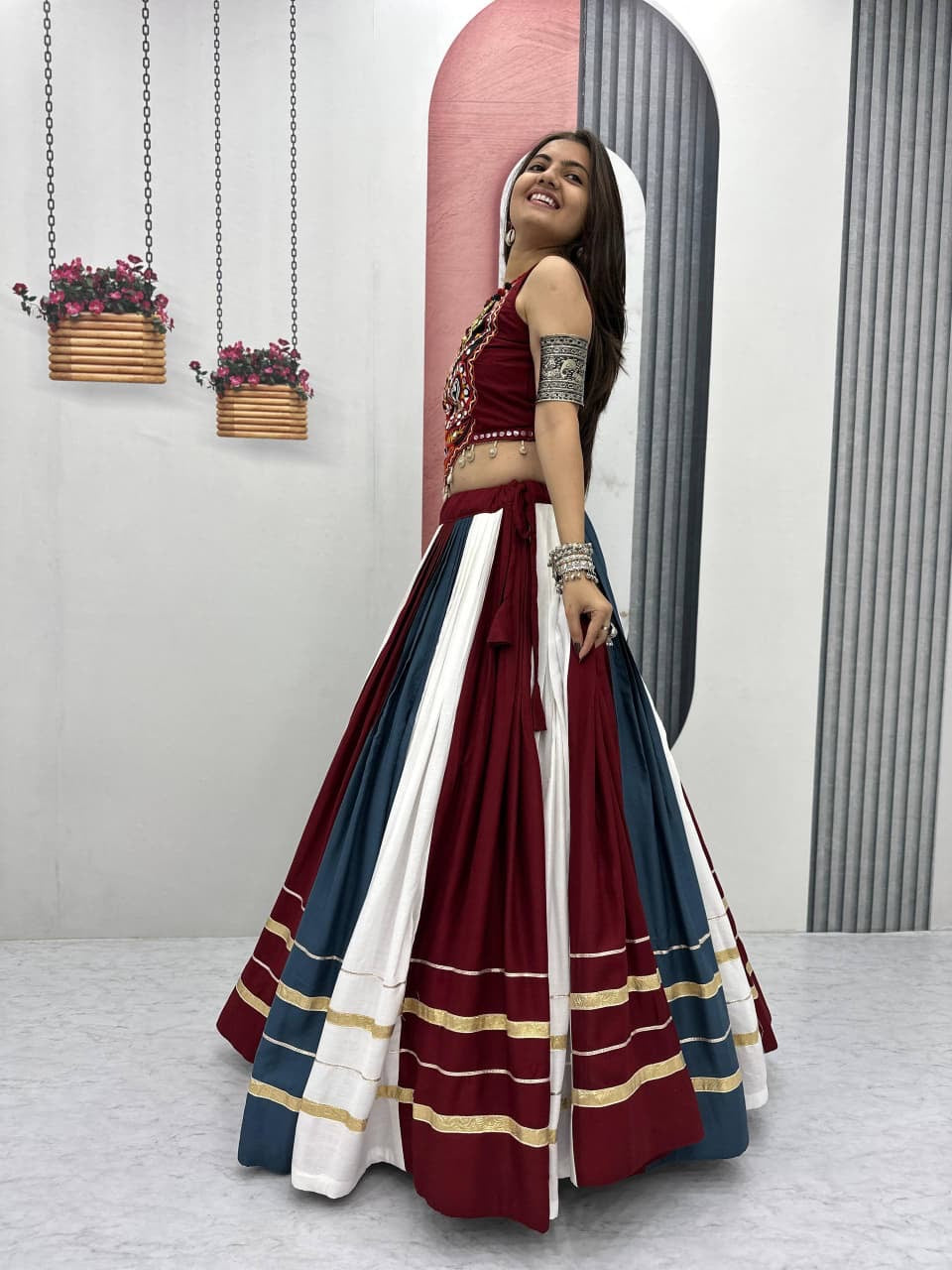 Side view of designer mirror work Chaniya Choli
