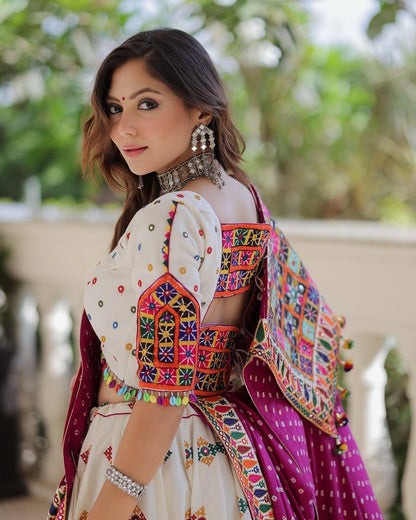 Muslin Digital Print With Mirror Work White Concept Navratri Special Designer Chaniya Choli