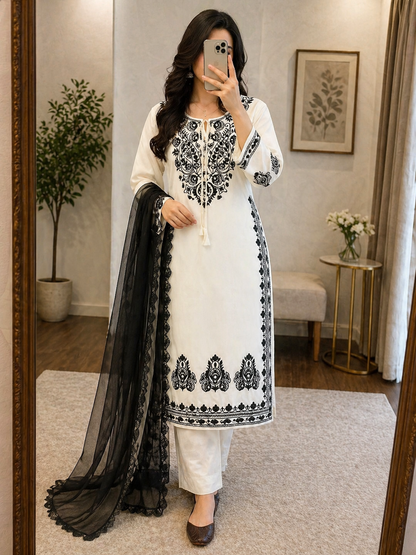 Rayon Chikankari Work Kurti Pant Dupatta Set