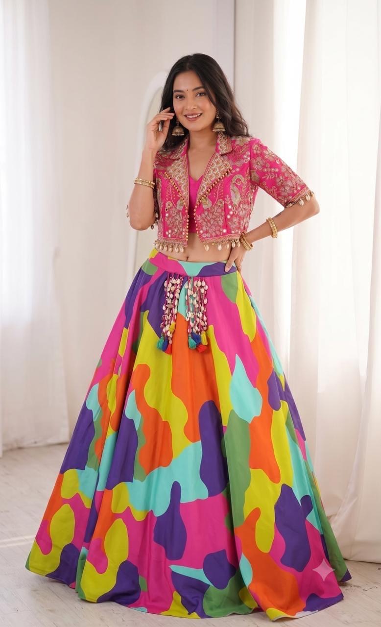 Crep Digital Print Embroidery Lehenga Choli | Mirror Work | Ready to Wear | Free Size 38-42