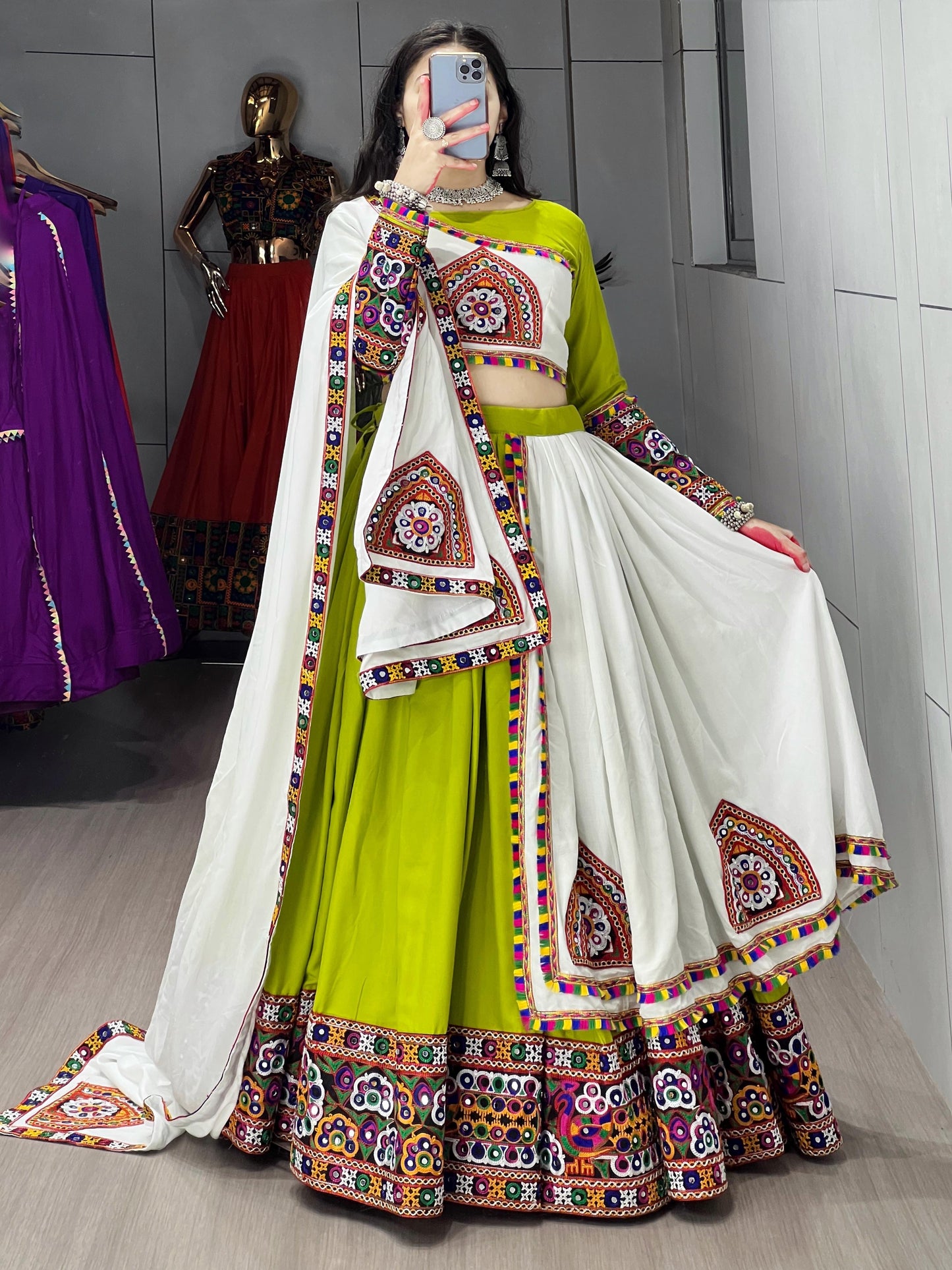Rayon Cotton Kutchi Gamthi Work Ready Wear Navratri Special Chaniya Choli