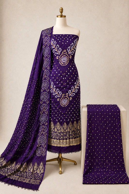 Modal Silk Barik Bandhej Work Silk 3Pc Unstitched Bandhani Dress Material