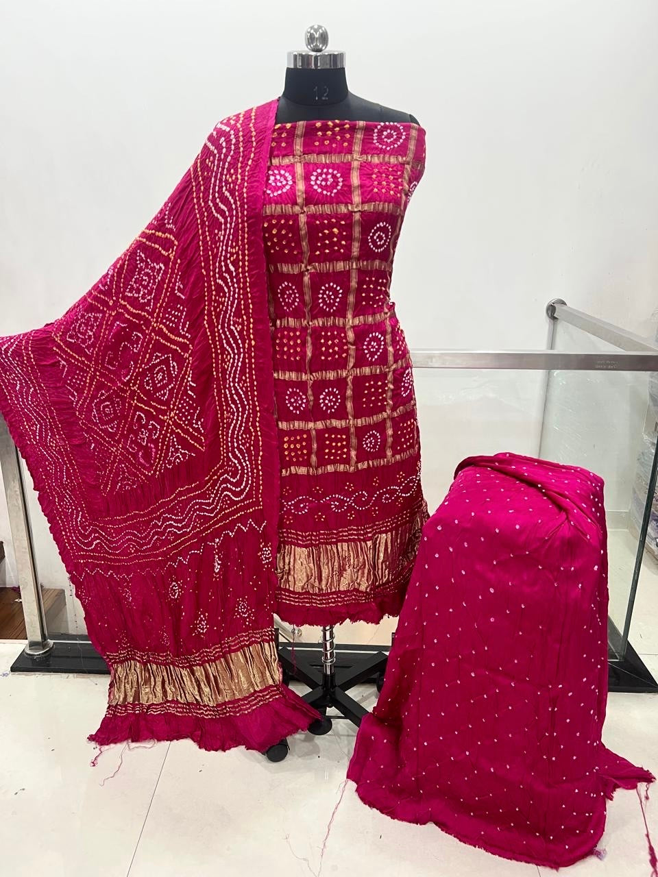 Modal Silk Golden Chex Rai Bandhej Bandhani Dress Material