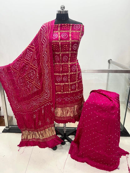 Modal Silk Golden Chex Rai Bandhej Bandhani Dress Material