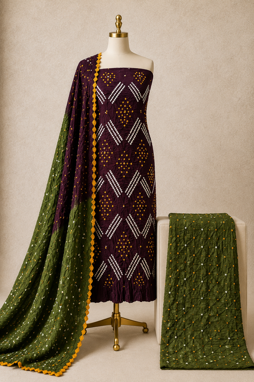 Cotton Satin Multi Gulti Contrast 3Pc Unstitched Bandhani Dress Material