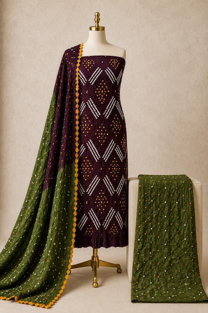 Cotton Satin Multi Gulti Contrast 3Pc Unstitched Bandhani Dress Material