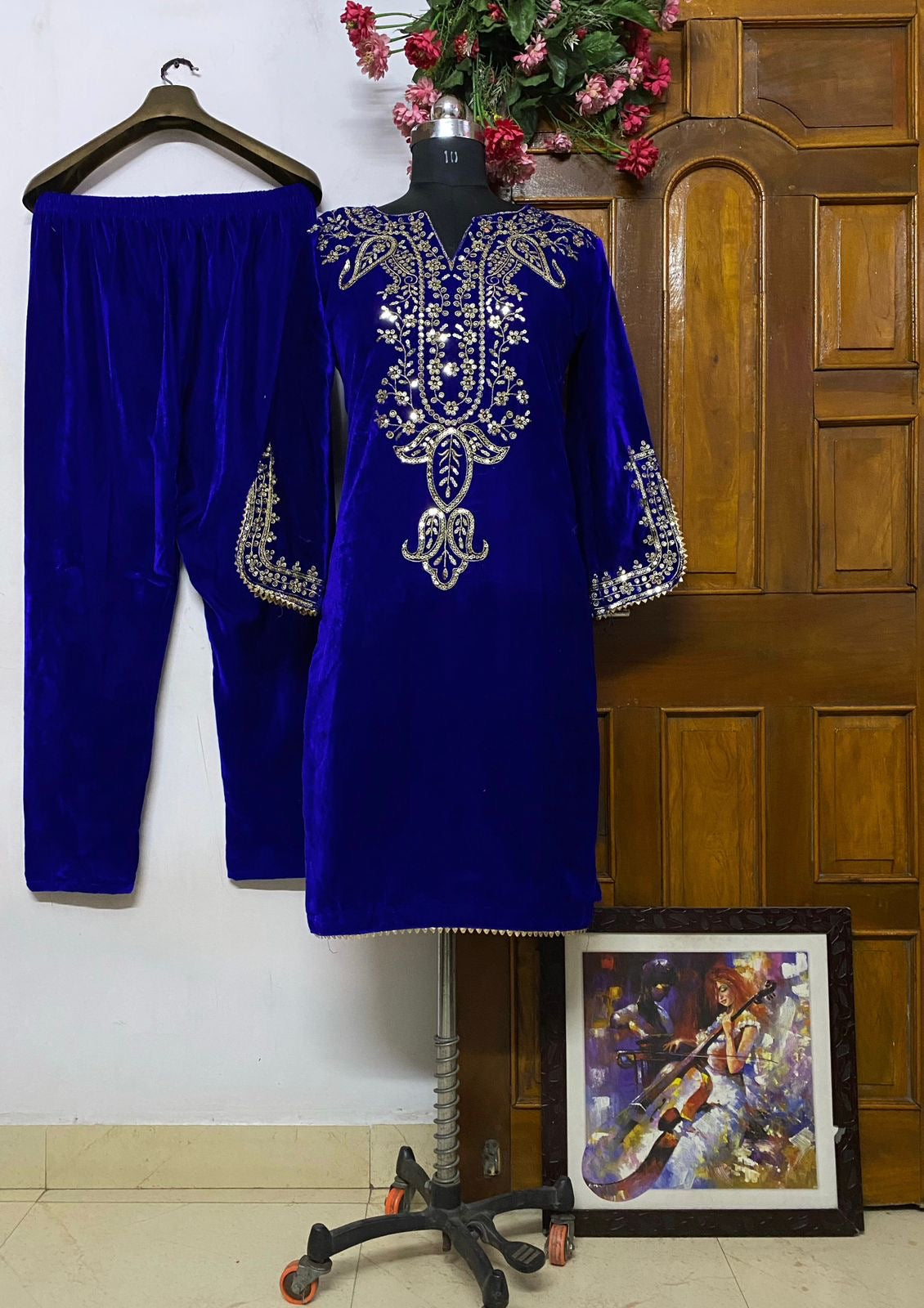 Neck Embroidery work Velvet Kurti Pant Set (Stitched) - Premium  from Ethenika.com - Just INR 2190! Shop now at Ethenika.com 