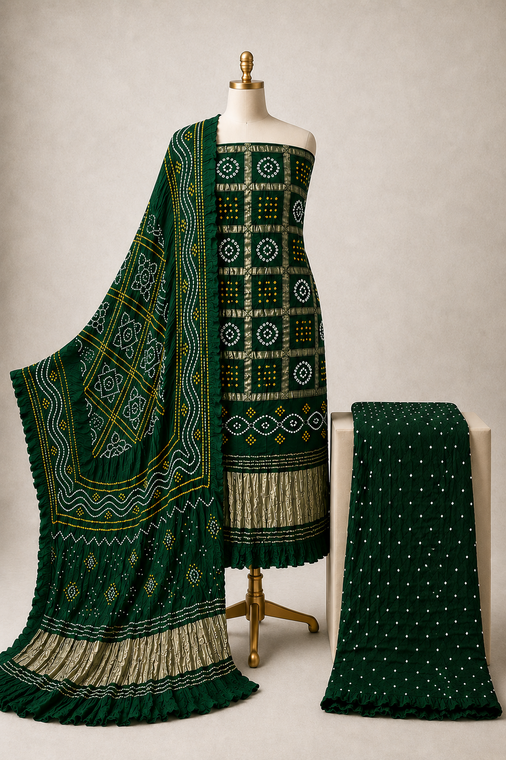 Modal Silk Golden Chex Work Jamnagar 3Pc Unstitched Dress Material