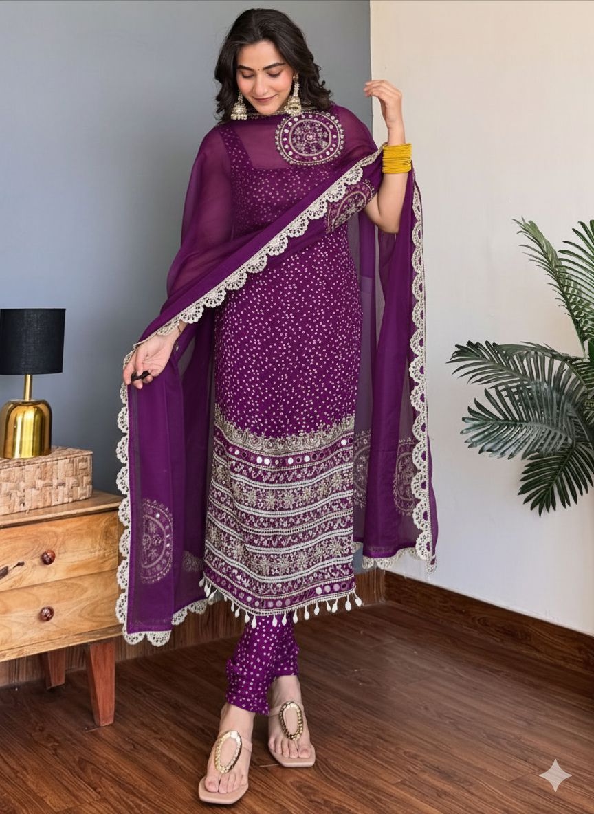 Faux Georgette Real Moti Mirror Work Bandhani Print Kurti Pant Dupatta Set (Ready to Wear)