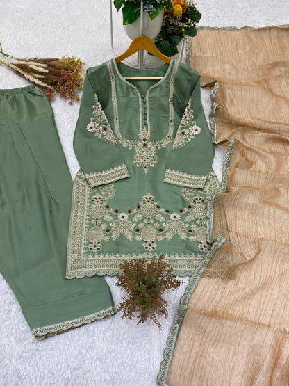 Glass Satin Coding Sequence Work Designer Kurti Pant Dupatta Set