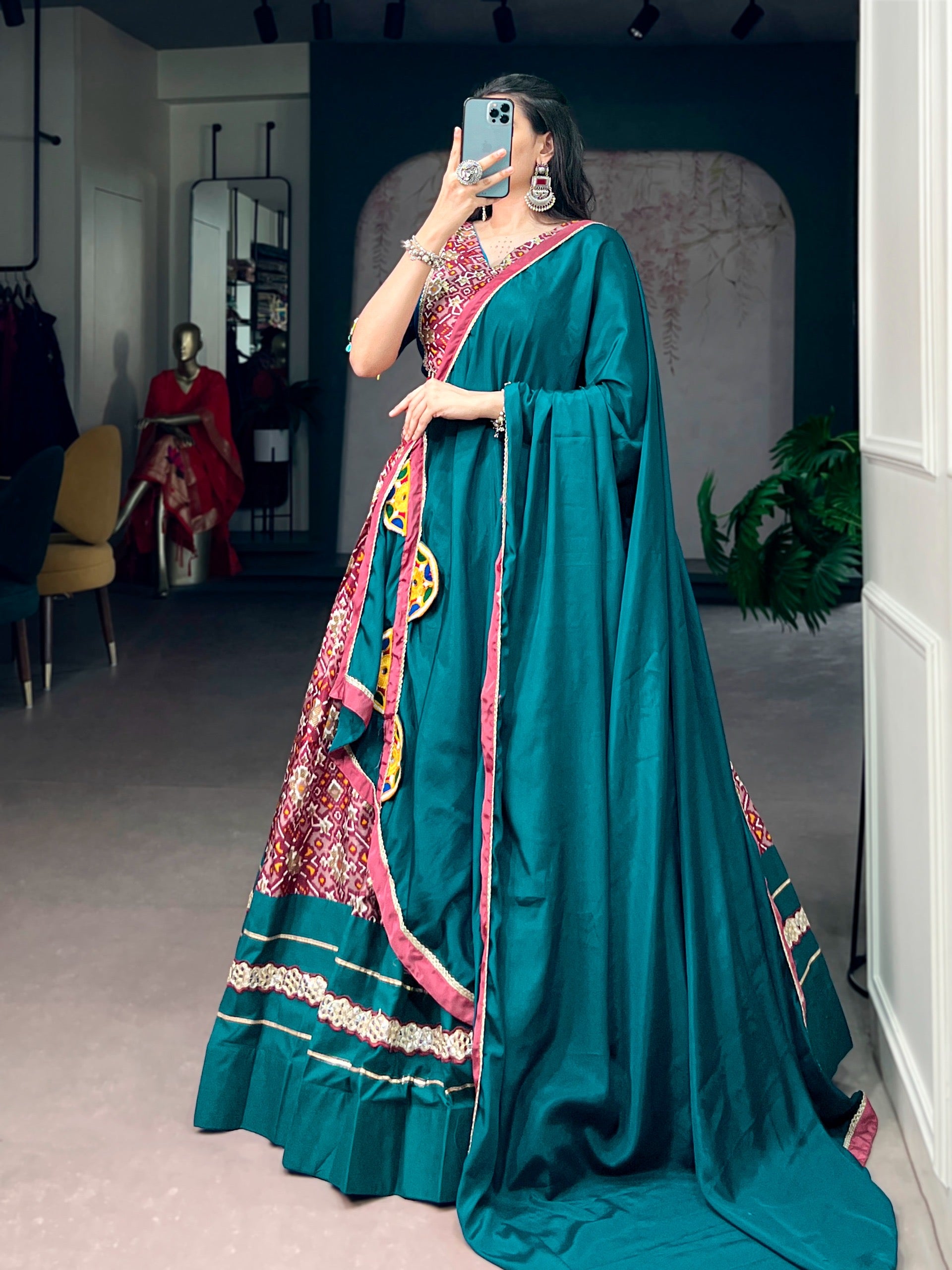 Designer Tussar Silk Chaniya Choli blouse with cowrie kodi lace work for Navratri celebrations