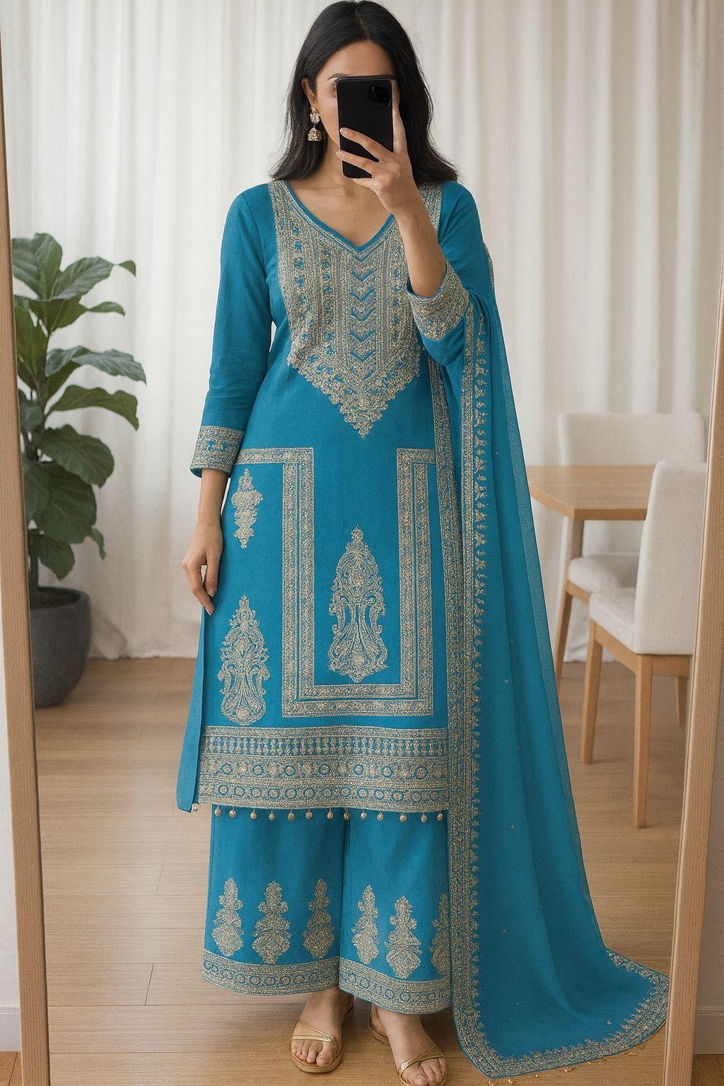 Chinon Silk Coding Dori Sequence Embroidery Work Karwa Chauth Special Designer Kurti Pant Dupatta Set (Ready to Wear)