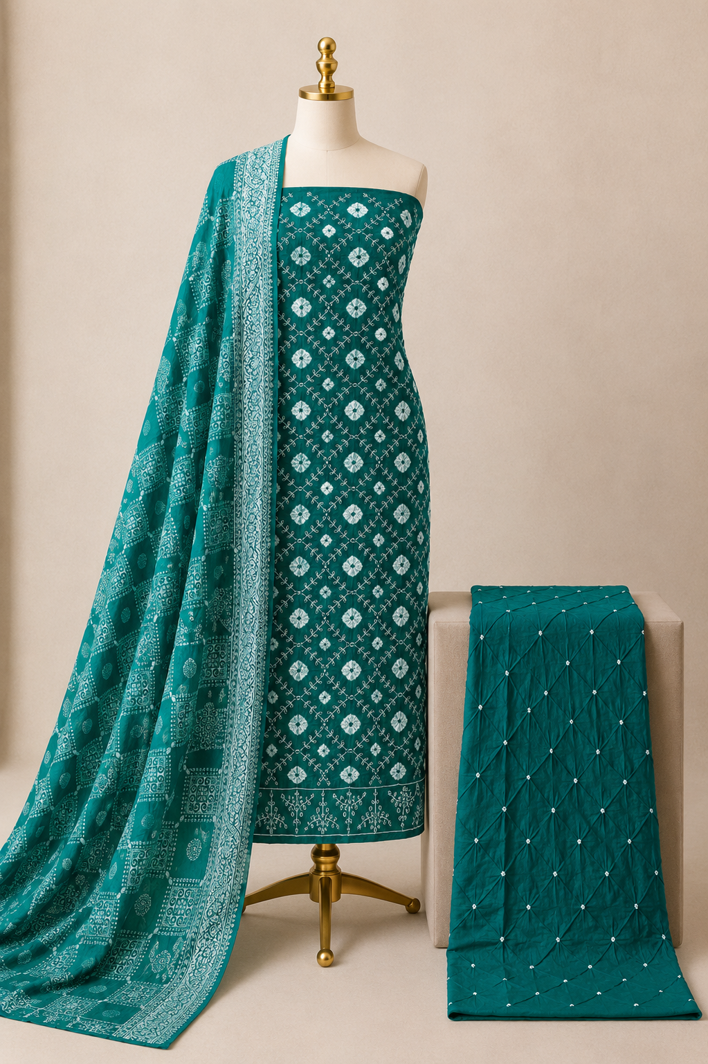 Close-up of handmade Bandhani dots and thread work on cotton satin
