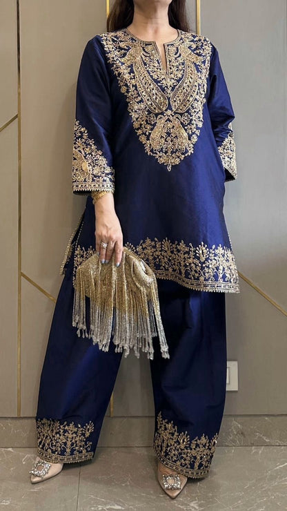 Chinon Silk Zari Embroidery Work Designer Kurti Pant Dupatta Set (Ready to Wear)