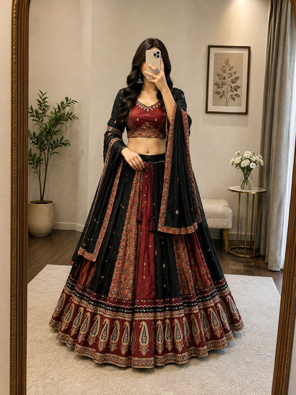 Original Kutch Print Mirror Work Designer Chaniya Choli - 6-7 Meter Flare