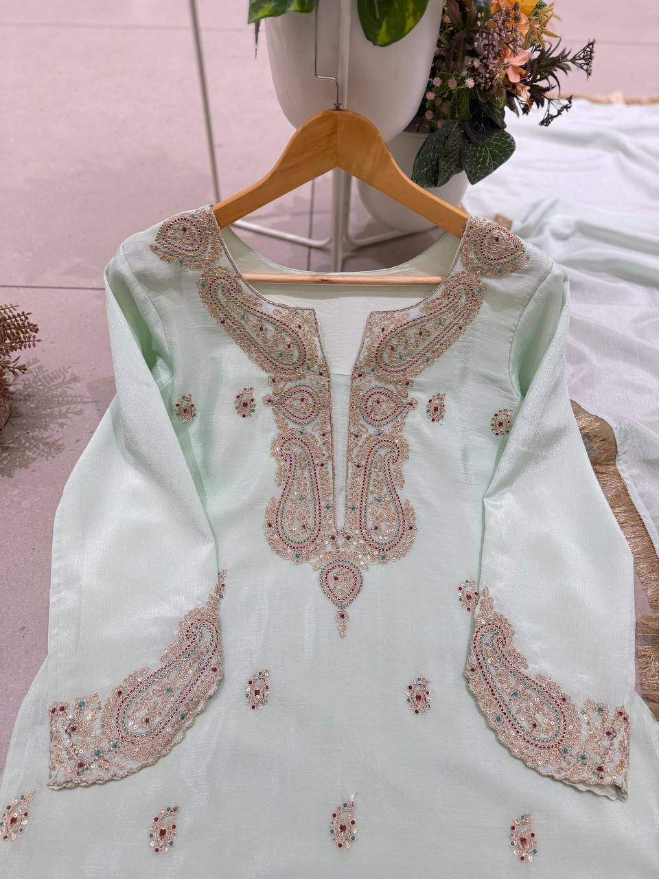 Sequence Embroidery Work Designer Ready Wear Salwar Suit Dupatta Set