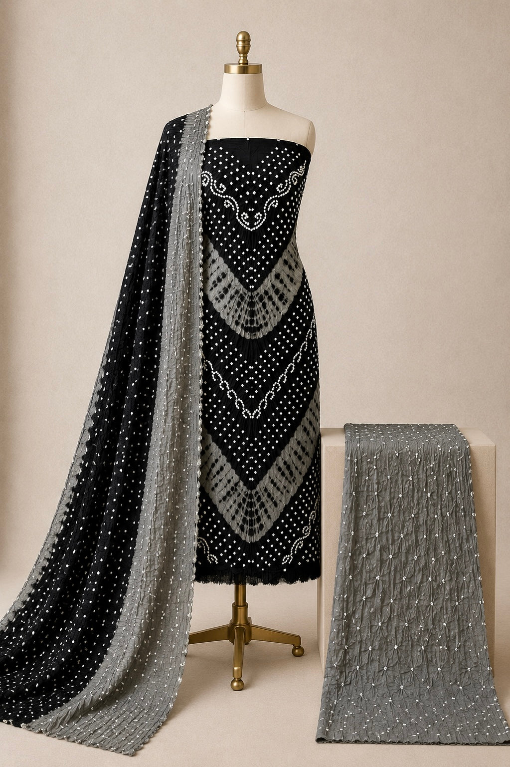Cotton Satin Shibori Handmade 3Pc Bandhani Dress Material
