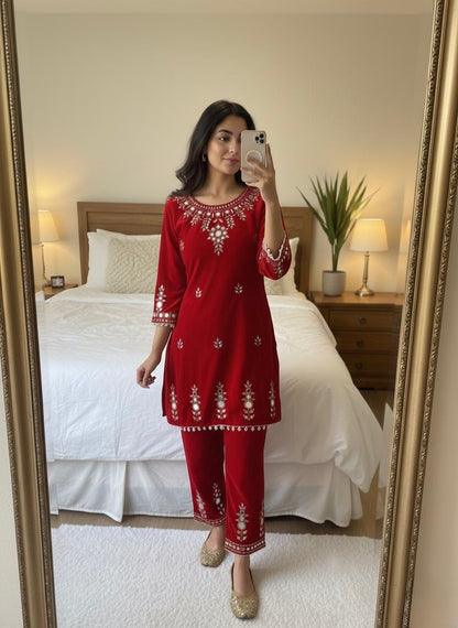 Ethenika Real Mirror Work Velvet Cord Set