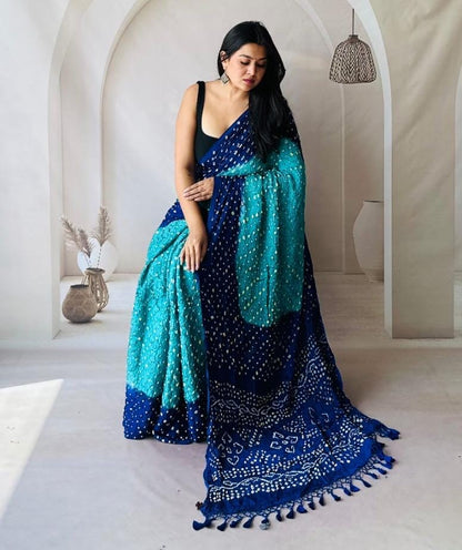 Modal Silk Multi Color Hand Crafted Jamnagar Silk Bandhani Saree