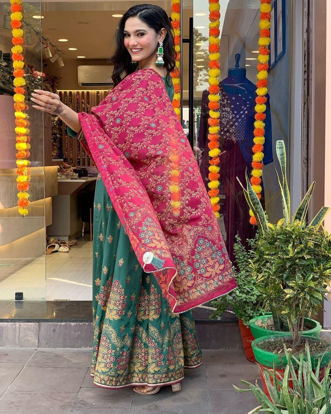 Roman Silk Foil Work Kurti Pant Dupatta Set (Stitched) - Premium  from Ethenika.com  - Just INR 2990! Shop now at Ethenika.com 