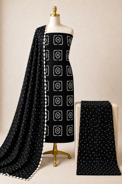 Cotton Satin Self Color Kutch 3Pc Unstitched Bandhani Dress Material