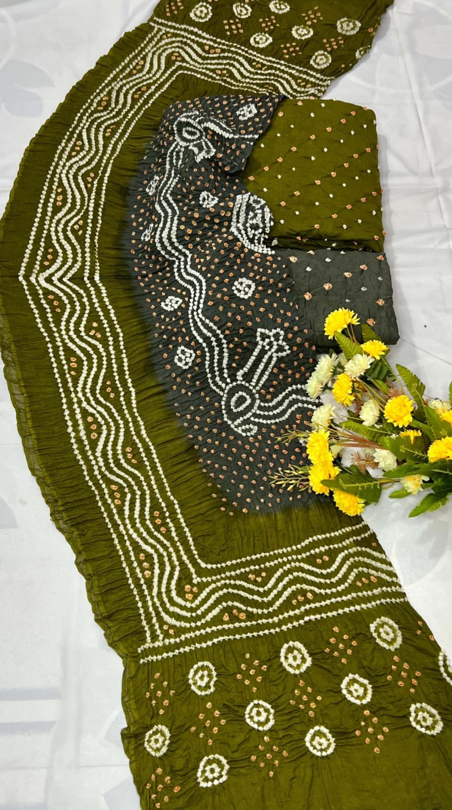 Cotton Satin Hand Crafted Kutchi Bandhani Dress Material Green-Grey Cotton Satin Hand Crafted Kutchi Bandhani Dress Material Green-Grey