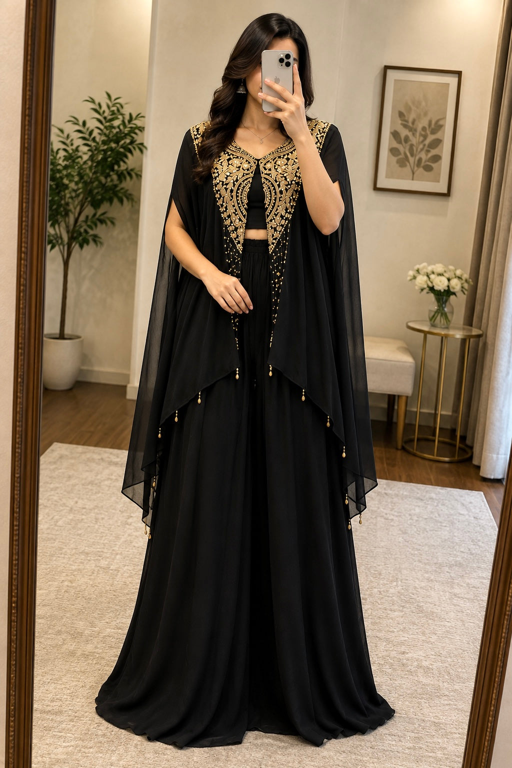 Georgette Zari Embroidery Indowestern Shrug Jacket Set with Plazzo