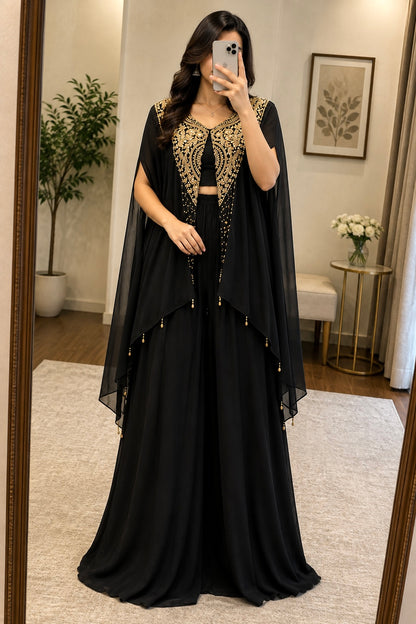 Georgette Zari Embroidery Indowestern Shrug Jacket Set with Plazzo