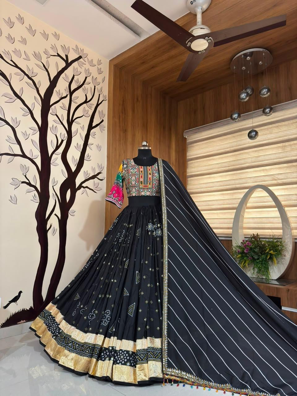 Designer Chaniya Choli | Muslin Mirror Work & Lampi Lace | Navratri 2026