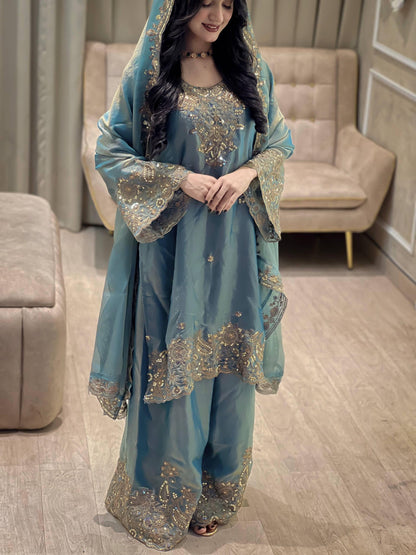 Silk Fabric Eid Special Designer Kurti Sharara Dupatta Set