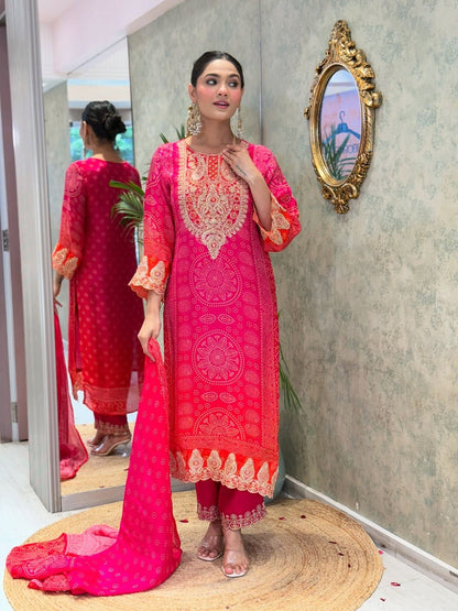 Natural Crepe Sequence Embroidery Mirror Work Designer Kurti Pant Dupatta Set (Ready to Wear)