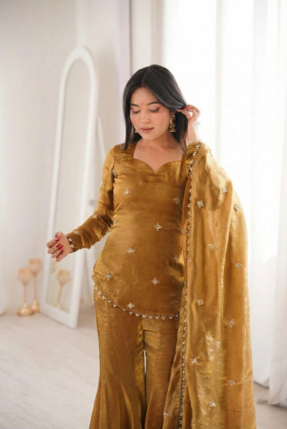 Fendy Silk Embroidery Work Kurti Sharara Dupatta Set