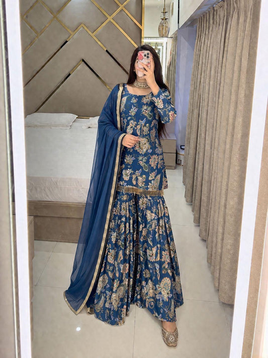 Muslin Cotton Floral Digital Print Kurti Sharara Dupatta Set