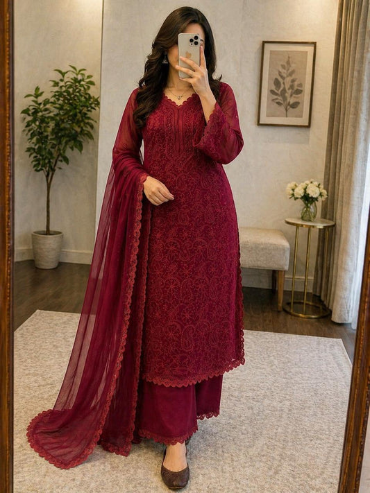 Maroon Chikankari Kurti Pant Dupatta Set