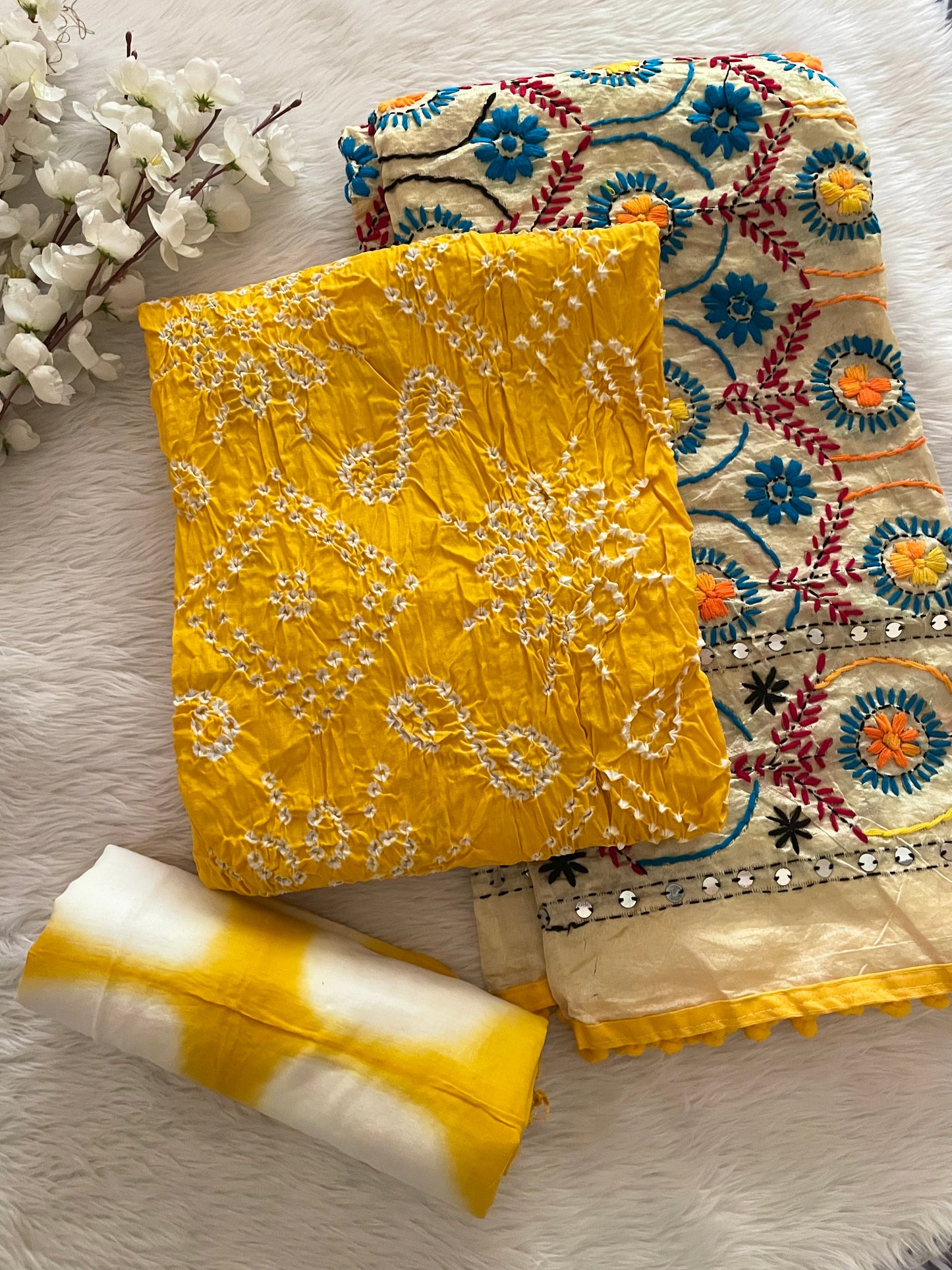 Cotton Kutch Hand Crafted Kutch Bandhani With Phulkari Dupatta Bandhani Dress Material (Unstitched) - Premium  from Ethenika.com  - Just INR 2990! Shop now at Ethenika.com 