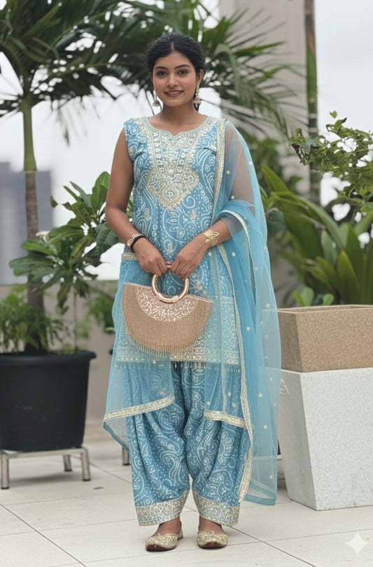 Chinon Silk Sequence Embroidery Work Bandhani Print Kurti Dhoti Pant Dupatta Set (Ready to Wear)