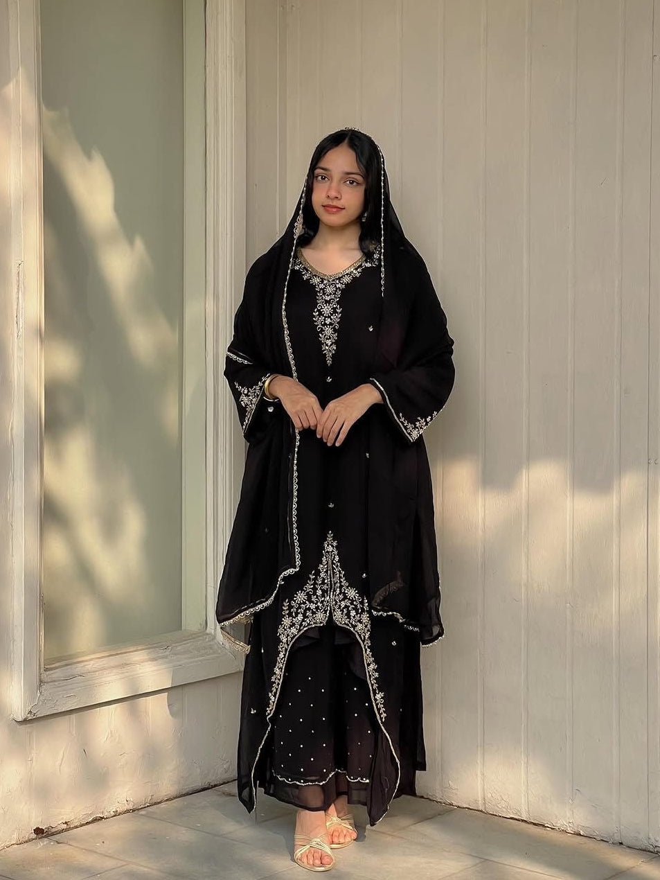 Faux Georgette Designer Ready Wear Kurti Pallazo Dupatta Set