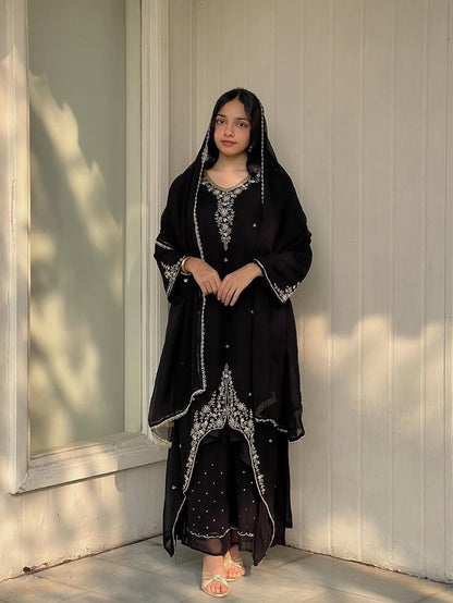 Faux Georgette Designer Ready Wear Kurti Pallazo Dupatta Set