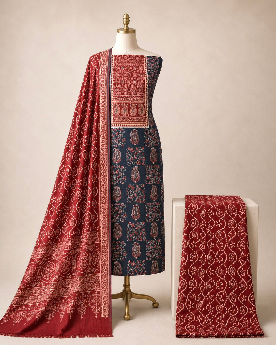 Soft Cotton Hand Block Ajrakh Print Neck Mirror Work Ajrakh 3Pc Dress Material