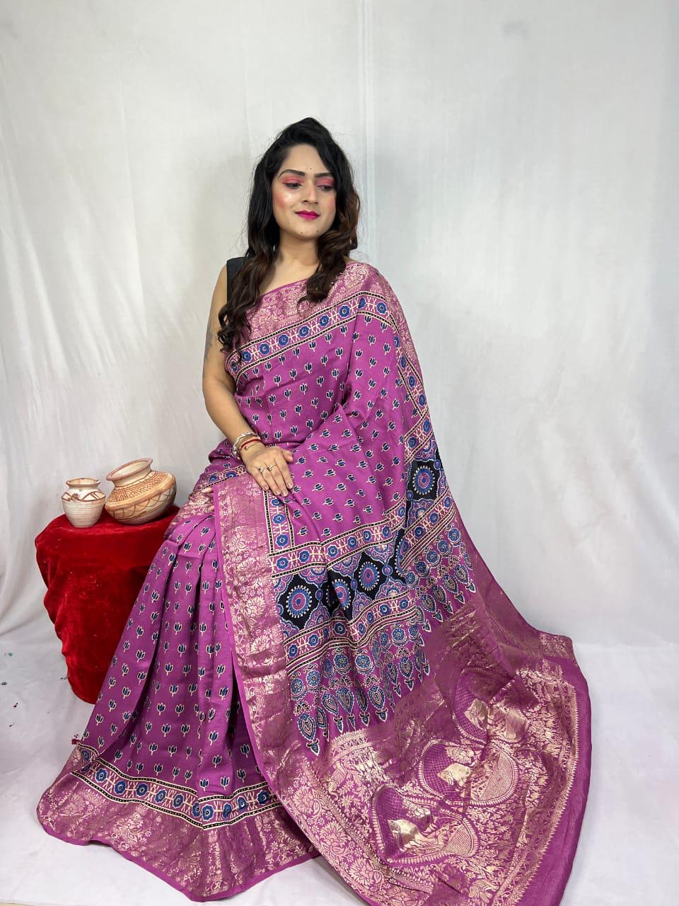 Dola Silk Original Handblocked  Ajrakh work Saree - Premium  from Ethenika.com  - Just INR 6990! Shop now at Ethenika.com 