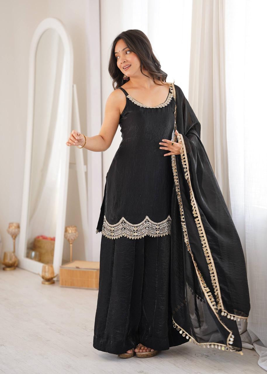 Fendi Silk Sequence Embroidery Work Designer Kurti Dupatta Sharara Set (Ready to Wear)