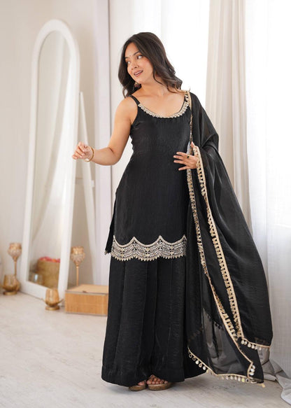 Fendi Silk Sequence Embroidery Work Designer Kurti Dupatta Sharara Set (Ready to Wear)