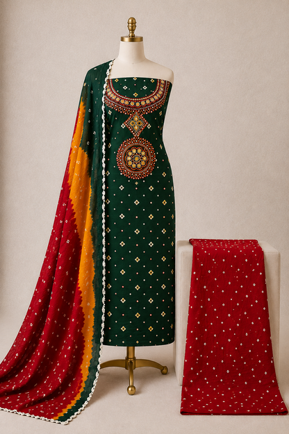 Soft Cotton Real Mirror and Thread Work Bandhani Dress Material (Unstitched)