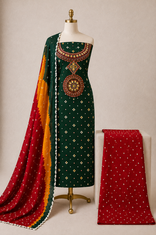 Soft Cotton Real Mirror and Thread Work Bandhani Dress Material (Unstitched)