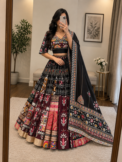 Muslin Digital Print Mirror Work Chaniya Choli - front view